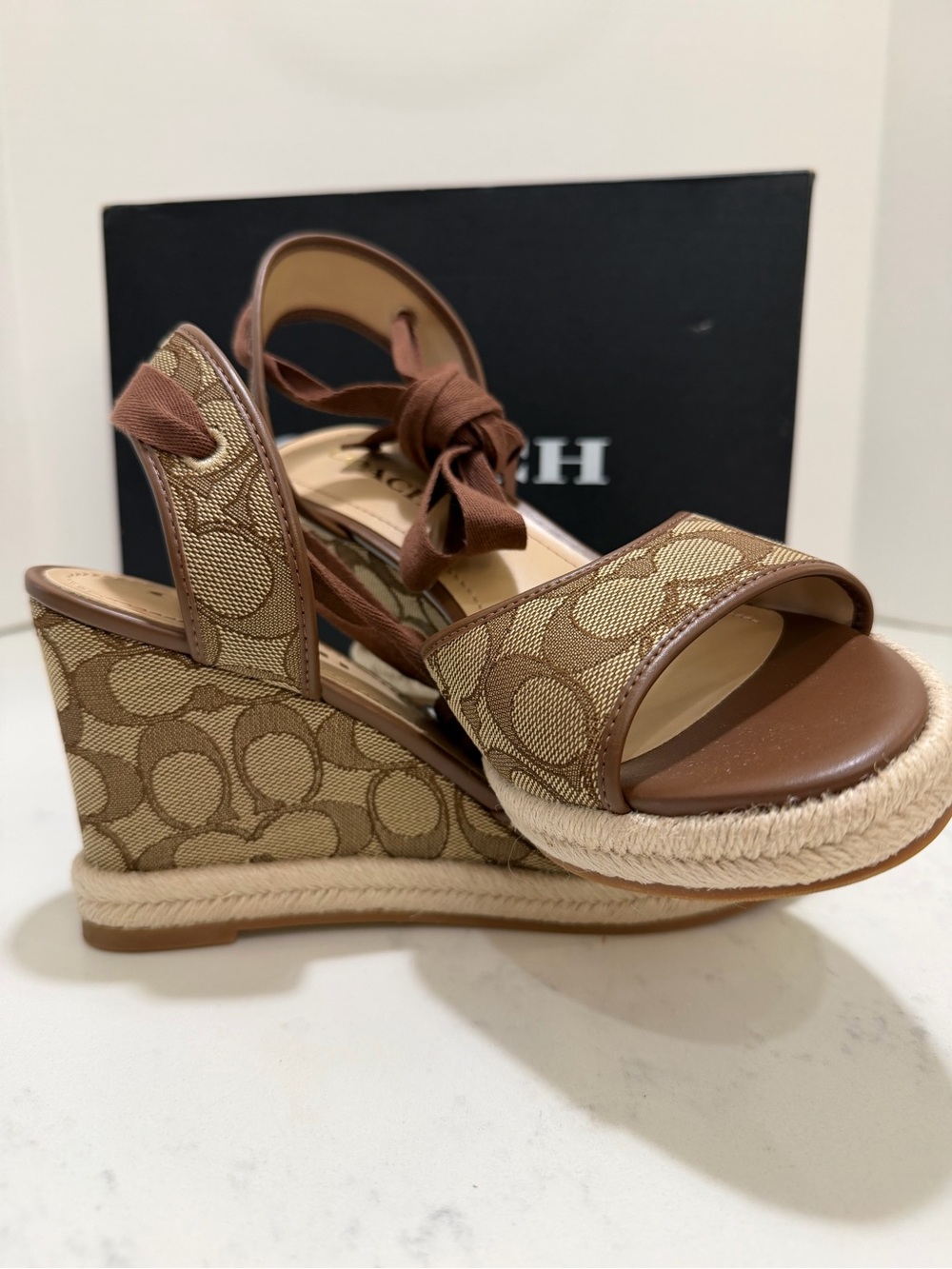 Coach Monogram Ankle-Tie Espadrille Wedges in Brown - Picture 5 of 10